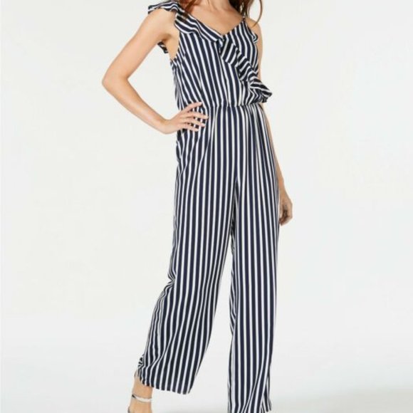Bar III Striped Ruffle Jumpsuit Black/White - Picture 3 of 6